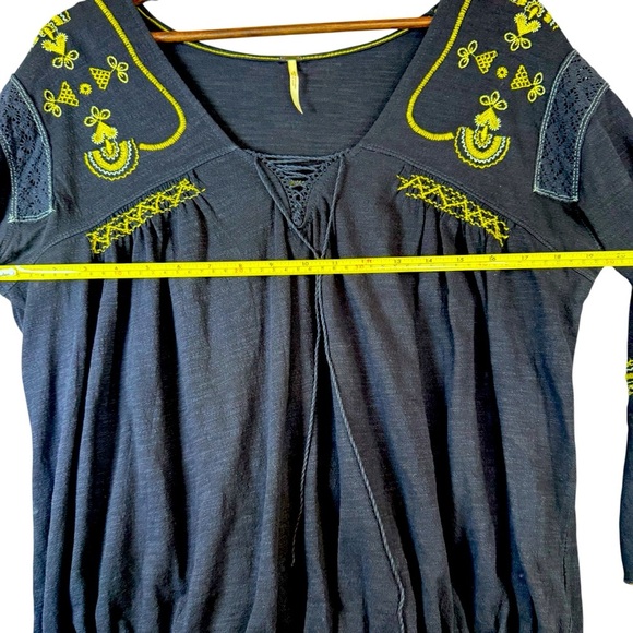 Free People Navy Blue Boho Yellow Embroidered Blouse - Picture 10 of 13